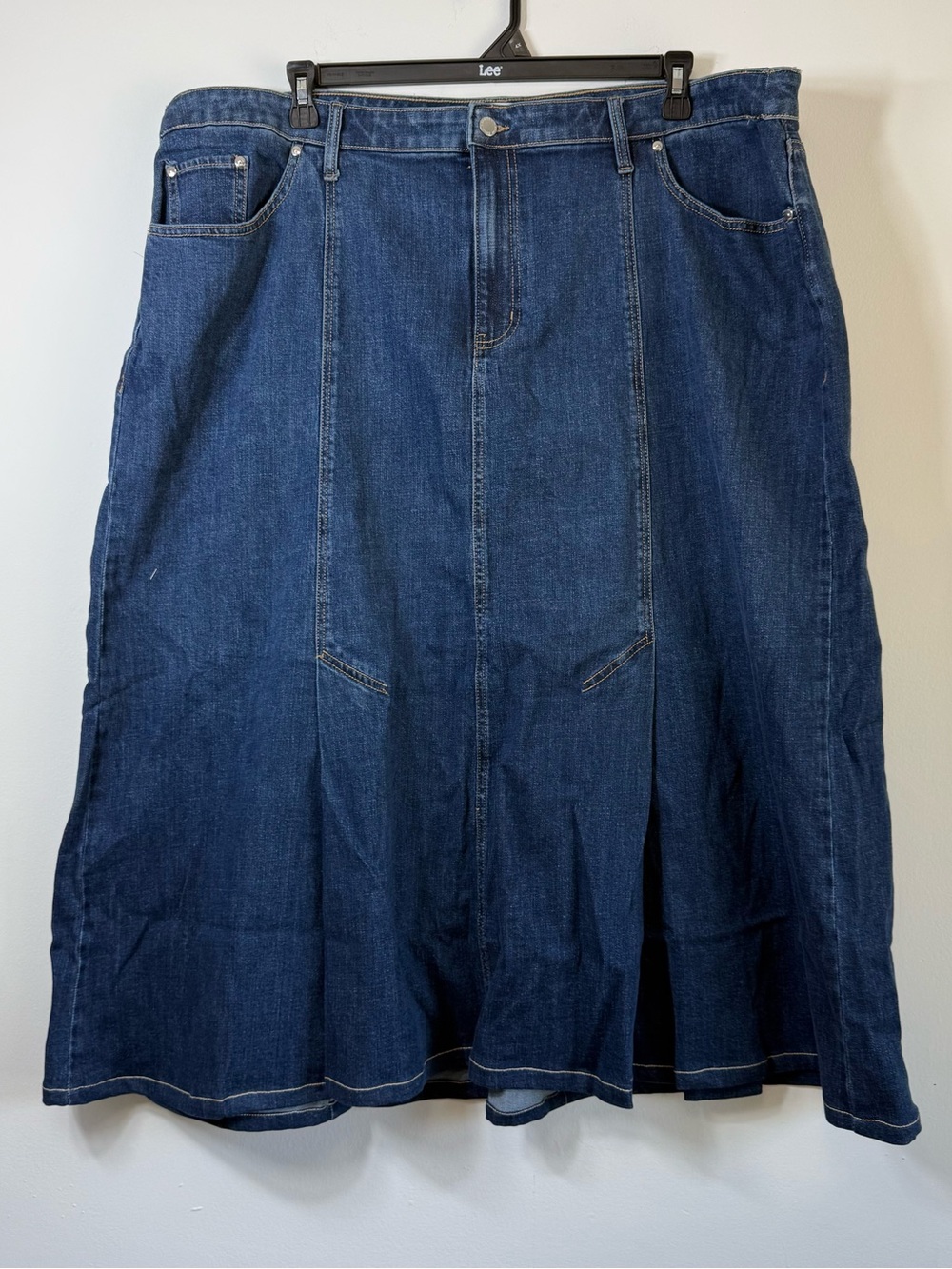 Lane Bryant Paneled Denim Midi Skirt Size 26 Dark Wash Stretch A-Line Modest